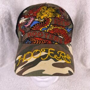 Hooters Hat Cap SnapBack Camo Mesh Trucker Ed Hardy Style Dragon Graphic Y2K